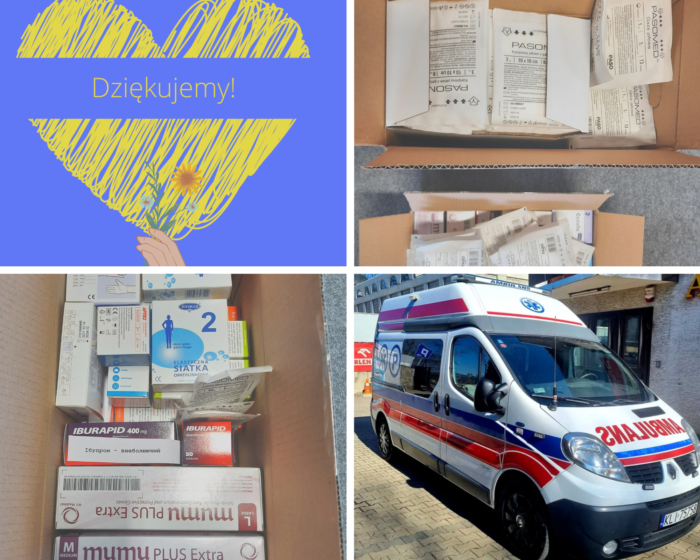 zdjecia przedstawiają lekarstwa, środki opatrunkowe i ambulans