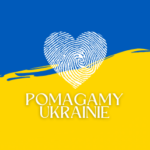 flaga Ukrainy (niebiesko-żółta). Na jej tle motyw serca i biały napis: Pomagamy Ukrainie"
