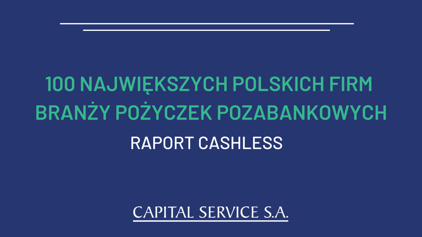 ranking 100 największych firm branży pożyczek pozabankowych. Zielony napis na granatowym tle. Na dole biały logotyp CapitalService S.A.
